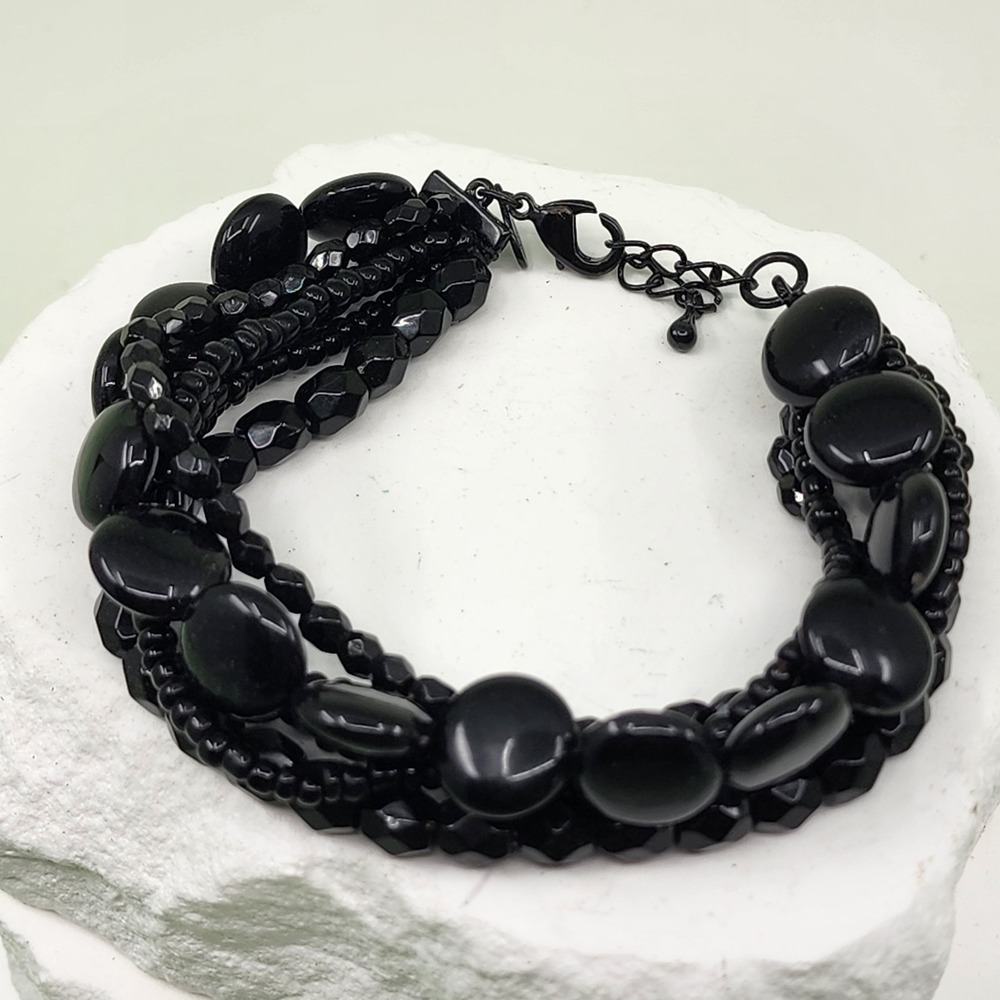 Black Multi Strand Beaded Bracelet Faceted Glass Gothic Statement Adjustable